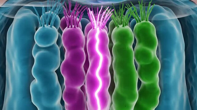 Microscopic view of taste receptor cells responding to stimuli, animation