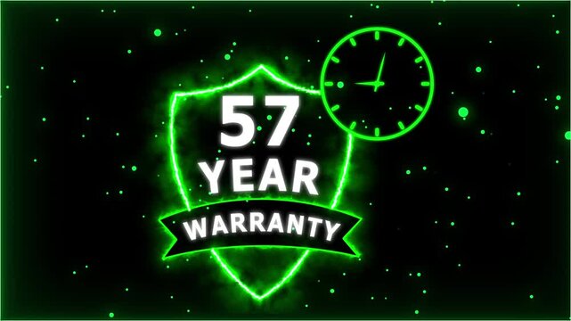 Neon Glowing Shield Badge with 57 Year Warranty Text and Clock Animation on black Futuristic Background.