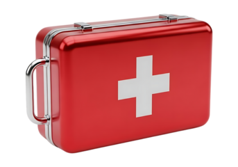 Shiny red first aid kit with white cross symbol and metal handle isolated on a transparent background