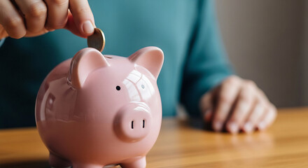 Person putting a coin into a pink piggy bank on a wooden table transparent background hand 1