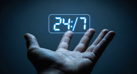 Hand holding up with glowing 247 text in blue light transparent background palm open