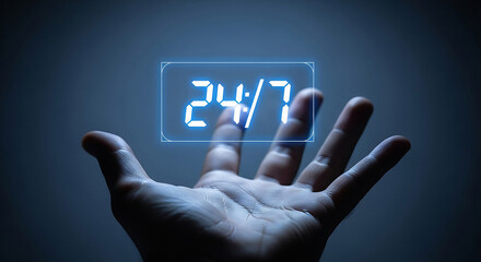 Hand holding holographic 247 sign in dark background transparent background hologram digital