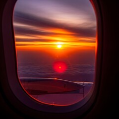 Aerial view of a radiant sunset, visible from an aircraft window. The sun sets over a fluffy cloud layer, painting the sky with fiery hues