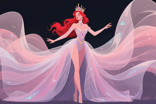 Regal woman with flowing red hair in a magical gown and crown, glowing against a dark fantasy background.