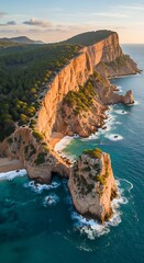 Aerial view of a rugged coastline featuring a dramatic cliff face meeting the vibrant turquoise sea during golden hour