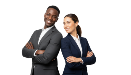Confident African American/Hispanic business team smiling with arms crossed, ready for corporate success and leadership opportunities together