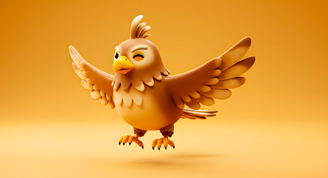 A joyful 3D cartoon bird with spread wings and a playful wink, rendered against a warm orange background, symbolizing happiness and lighthearted fun with its expressive and adorable character design