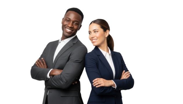 Confident African American/Hispanic business team smiling with arms crossed, ready for corporate success and leadership opportunities together - Powered by Adobe