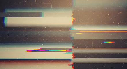 Close-up of a distorted digital screen with glitchy, rainbow-colored lines and pixels on a dark background with a shallow depth of field.