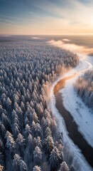 Aerial view of a snowy forest with a winding river bathed in golden sunlight, with a hint of fog in the distance