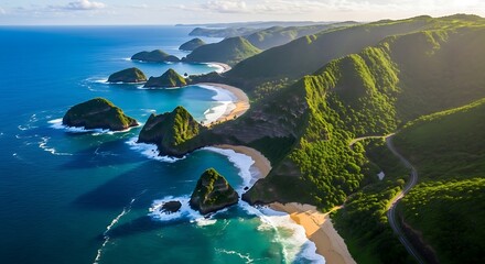 Aerial view of a stunning coastline, featuring sandy beaches, turquoise waters, and lush green hills under a bright sky