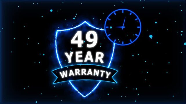 Neon Glowing Shield Badge with 49 Year Warranty Text and Clock Animation on black Futuristic Background.