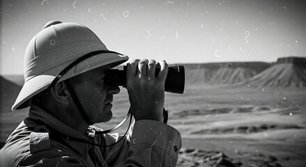 Black-and-white close-up portrait of a man in a safari hat looking through binoculars in a desert landscape with a mountain range.