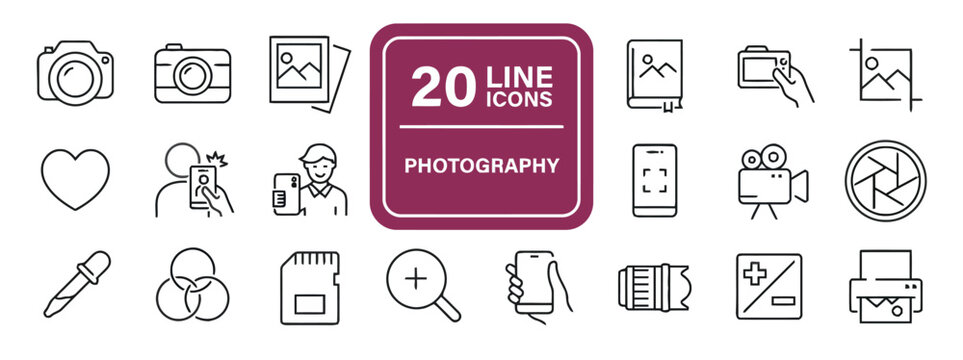 Photography vector icons set in line style