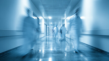 Fototapeta premium A blurred view of healthcare professionals walking through a hospital corridor, depicting a busy medical environment.