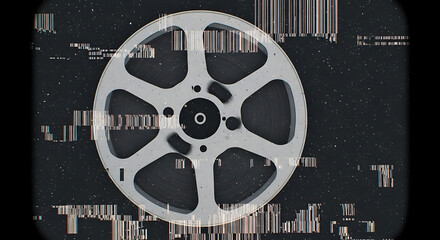 Close-up of a film reel with distorted video signal on a dark background, conveying a sense of old technology.