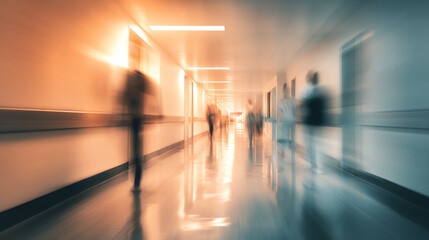 A blurred view of people walking in a hospital corridor, emphasizing the hustle and bustle of medical care.