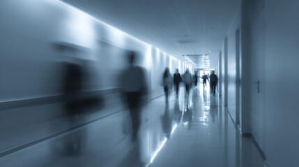 A blurred view of people walking through a modern corridor, emphasizing motion and urban life in a commercial space.