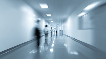 A blurred vision of people walking through a modern healthcare corridor, conveying movement and a sense of urgency.