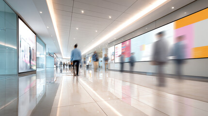 A bustling modern hallway with blurred figures walking past vibrant advertisements and bright lighting.