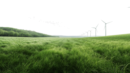 Wind turbines in a lush green field with birds flying, renewable energy landscape
