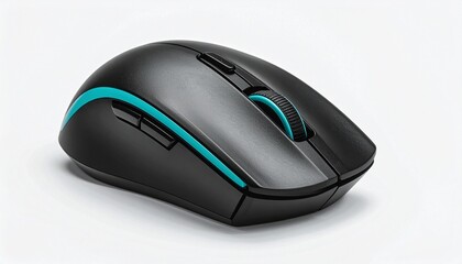 Ergonomic matte black wireless mouse with teal lighting and side buttons on neutral background