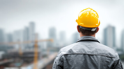 A construction worker observing a city skyline, showcasing urban development and industrial progress.