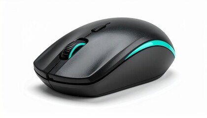 Ergonomic matte black wireless mouse with teal lighting and side buttons on neutral background