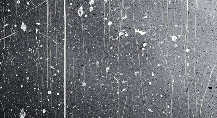 Close-up of a scratched and weathered metal surface with white paint splatters and streaks, transitioning from dark to light gray.