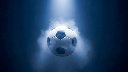 Naklejka premium Soccer ball floating in mist with spotlight from above