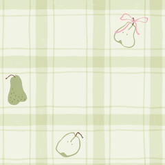 Seamless Hand-Drawn Sage Green Plaid Pattern with Pears and Pink Bows in Cute Cottagecore Vector