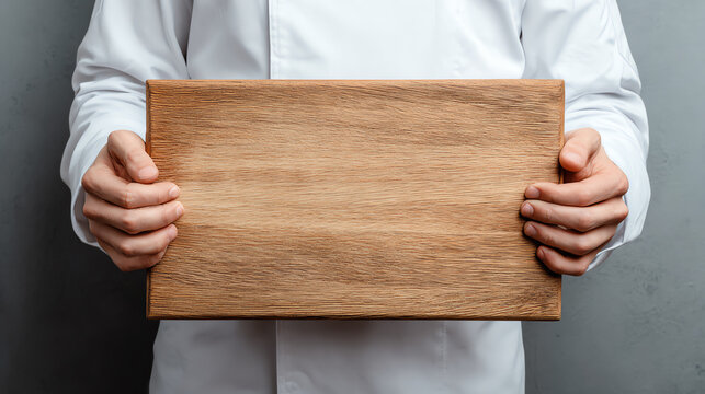 A person holds a blank wooden board, perfect for food presentation, catering, and culinary artwork.
