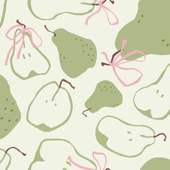 Seamless Hand-Drawn Green Pears Pattern with Pink Bows and Ribbons in Cute Coquette Vector