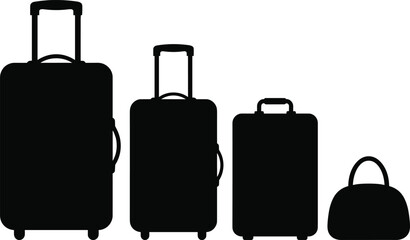 Travel luggage silhouette set featuring suitcase sizes and handbag, black vector icons for journey, vacation, airport, and transportation concepts