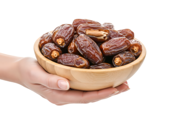 Female hand hold bowl of dried date symbolizing Ramadan, fasting, and Islamic traditions. Perfect for Eid, Iftar, Muslim culture, and healthy food concepts. isolated on white background