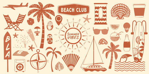 A collection of summer themed illustrations beach club palm trees and seaside items © Ajay