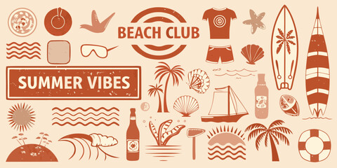 A collection of summer themed illustrations including beach essentials and tropical motifs © Ajay