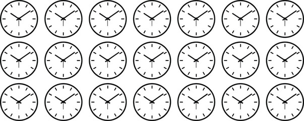 Black and white clocks showing 4 o'clock in a grid pattern