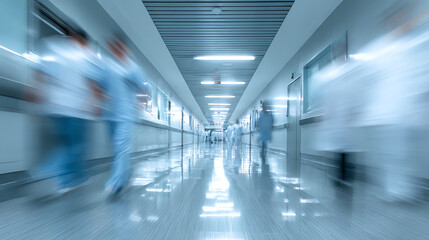 Blurred hospital corridor filled with medical staff, conveying urgency and care in a healthcare environment.