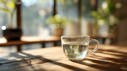 Obraz premium Glass cup of water on wooden table in sunlit cafe setting