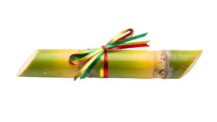 Piece of sugarcane tied with a festive ribbon isolated on transparent background