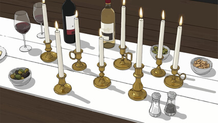 Table set with candles wine and olives for a meal.