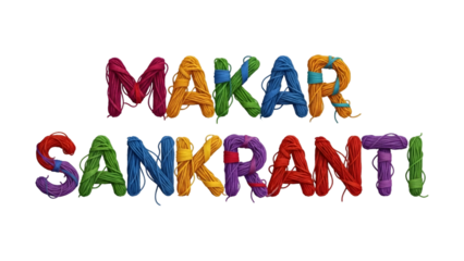 Makar sankranti text made of colorful yarn threads on transparent background