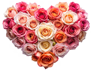 Heart shape made of single layer roses, isolated on white and transparent
