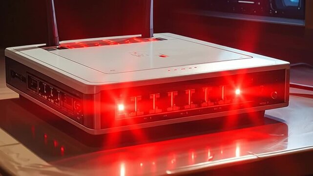 Modern Router with Red Lights and Antennas on a Wooden Surface.
