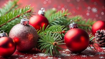red christmas balls macro with silver accents