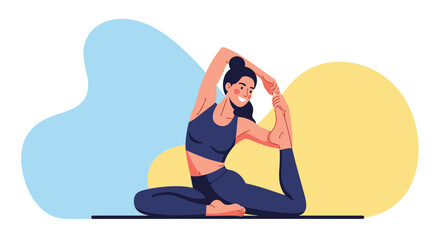 Young woman practicing a difficult yoga pose or stretching exercise on a mat against a colorful abstract background for health and fitness.