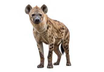 A spotted hyena standing and looking directly at the camera with its distinctive fur pattern and alert expression isolated on transparent background