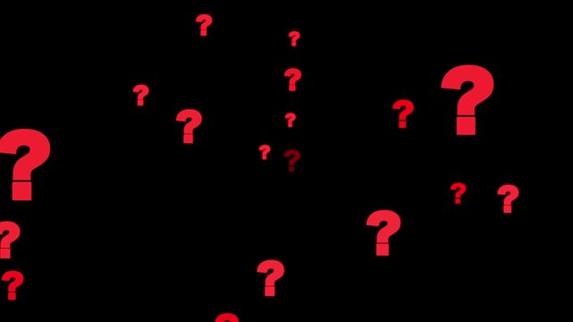 Animation of a lot of Red question mark moving black background Take a decision. Answer the question. Doubts, puzzle, doubt