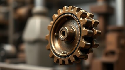clockwork. Two interlocking bronze gears showing mechanical precision and teamwork. safety posters, maintenance manuals, designed for industrial assembly lines and welding operations.